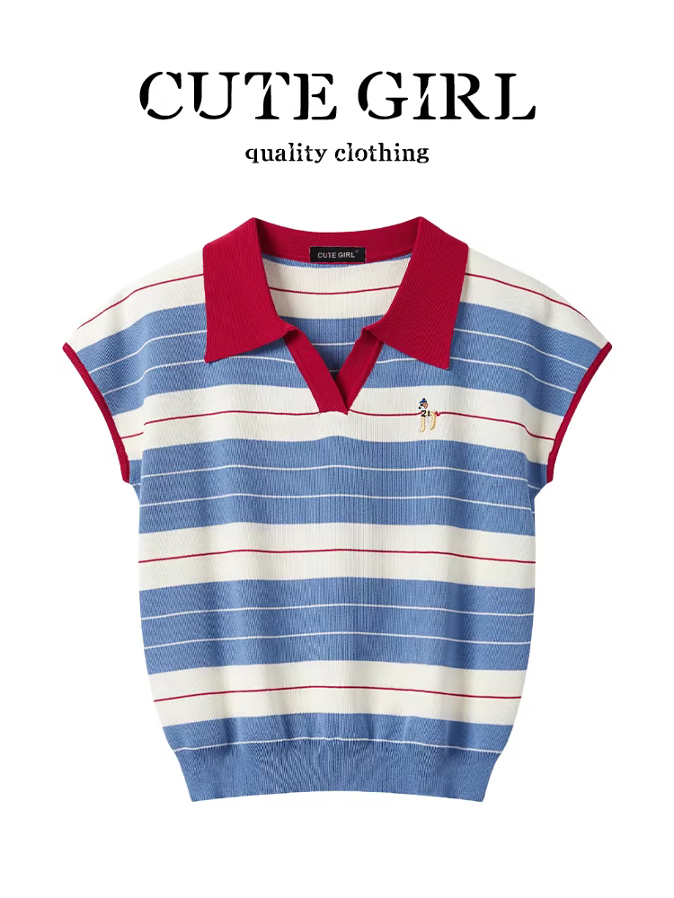 Áo thun ngắn tay cổ polo sọc cổ điển Hàn Quốc CuteGirl dành cho nữ, áo thun ngắn tay kiểu dáng đơn giản mùa hè đa năng, giảm tuổi tác