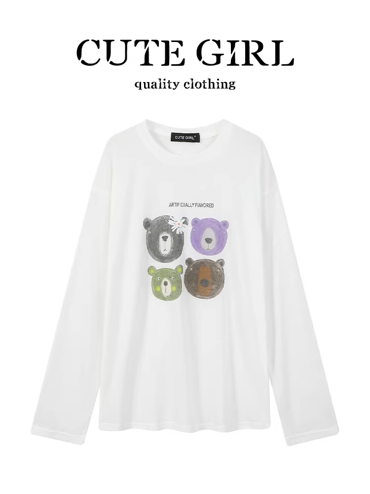 Áo thun dài tay cổ tròn màu trắng in hình phong cách Hàn Quốc dễ thương dành cho nữ mùa hè phong cách lười biếng áo chống nắng dáng rộng