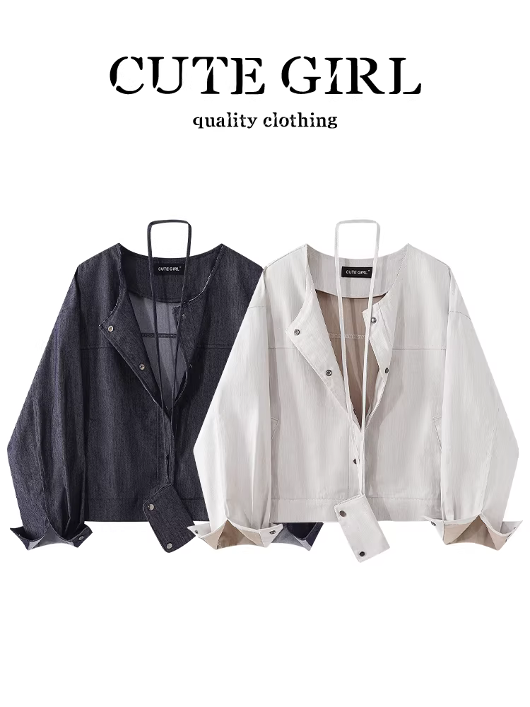 Áo khoác denim cổ tròn màu mơ cao cấp CuteGirl có túi dành cho nữ, áo khoác dáng rộng đa năng cho mùa thu