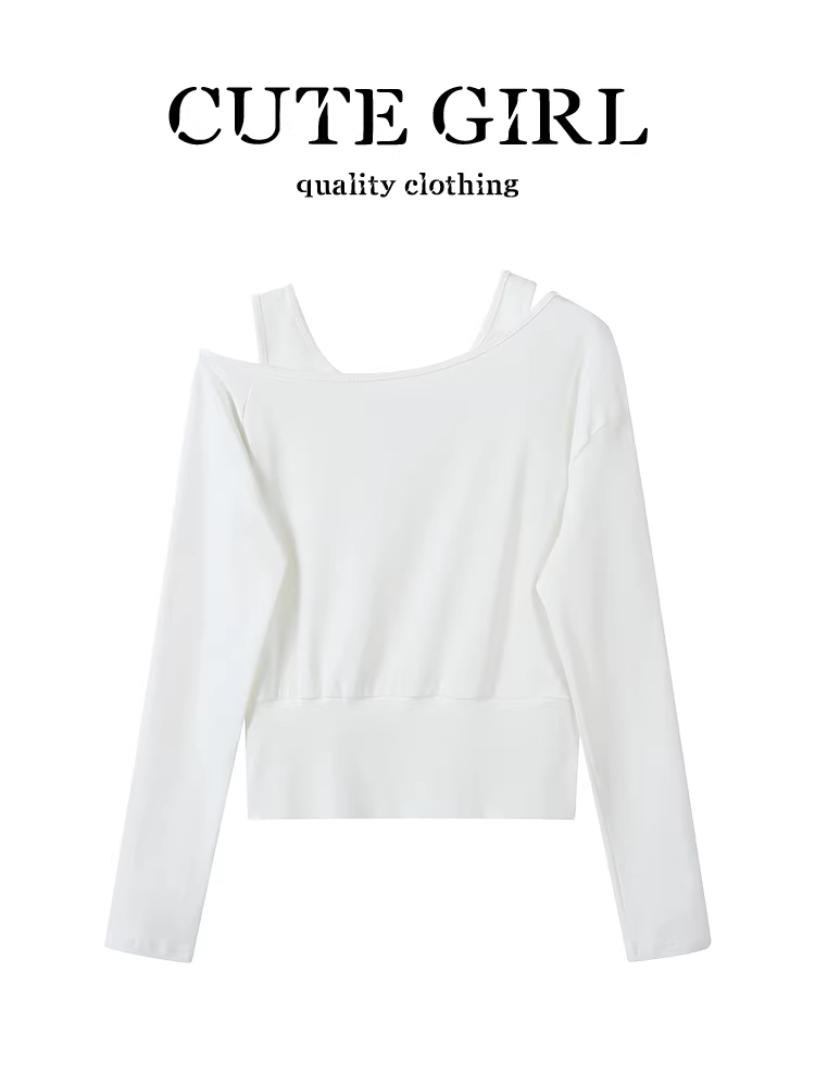 Áo thun dài tay trễ vai in họa tiết lấy cảm hứng từ thiết kế CuteGirl dành cho nữ, phong cách lười biếng đầu thu, áo dáng rộng đa năng