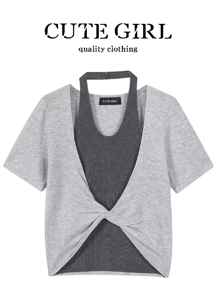 Áo thun ngắn tay dệt kim cổ yếm xoắn độc đáo theo phong cách Hàn Quốc dành cho nữ, áo hai mảnh giả phối màu mùa hè