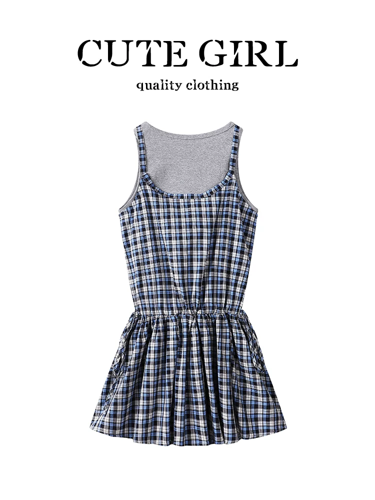 CuteGirl Hàn Quốc retro kẻ sọc dây rút váy hai dây nữ mùa hè xếp lớp áo vest hai dây bộ hai món