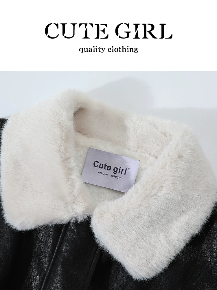 CuteGirl phong cách retro Mỹ cổ lông thú lót lông cừu dày dặn áo khoác da màu đen áo khoác mùa đông tích hợp lông thú dành cho nữ