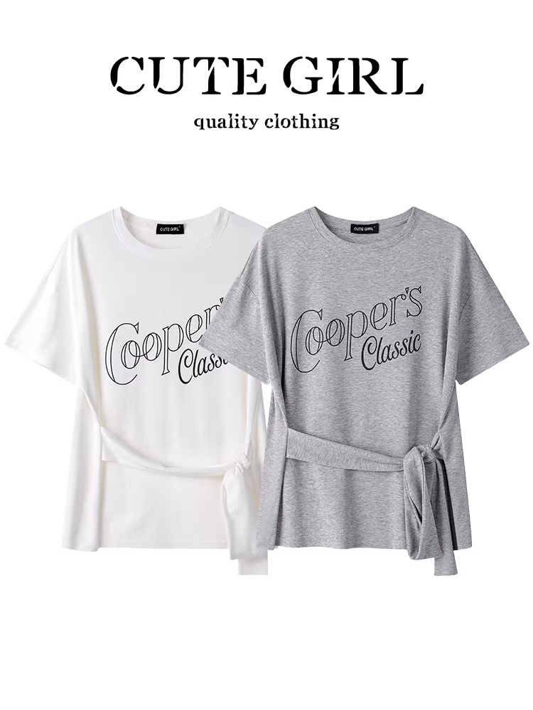 Áo thun ngắn tay có dây buộc eo kiểu Mỹ in chữ độc đáo dành cho nữ, áo cổ tròn đa năng giảm béo mùa hè