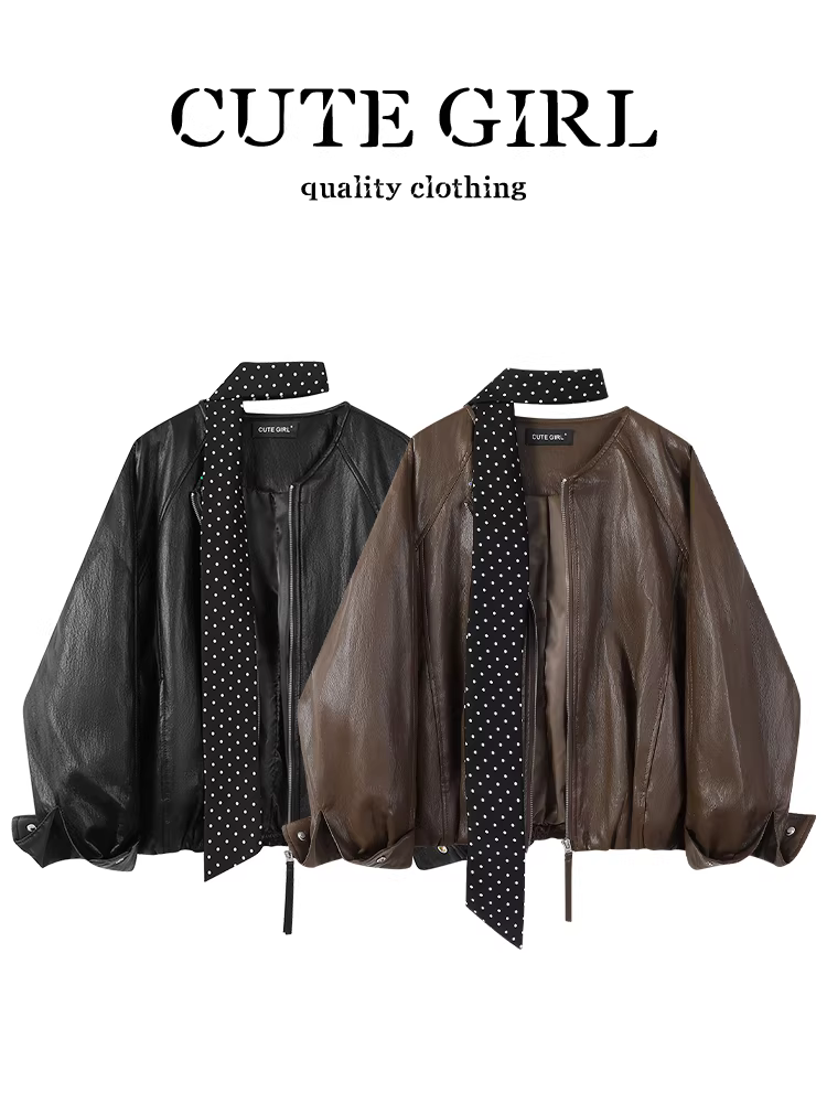 Áo khoác da PU cổ tròn cổ điển màu cà phê CuteGirl Melard dành cho nữ, áo khoác đi xe máy cao cấp phong cách Hàn Quốc mùa thu