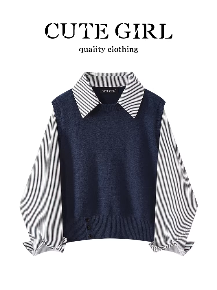 Áo vest dệt kim phong cách preppy của CuteGirl với áo sơ mi sọc chắp vá, áo hai mảnh giả mùa thu đông dành cho nữ giảm tuổi tác