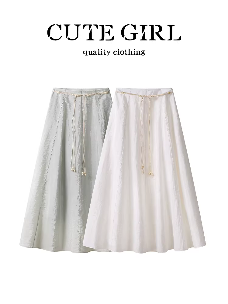 CuteGirl phong cách bohemian dây buộc váy trắng mùa hè dành cho nữ váy dài cạp cao xếp nếp che hông giúp giảm béo