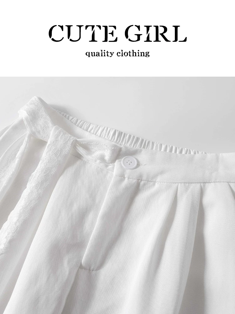 CuteGirl phong cách Hàn Quốc phối ren sang trọng phối ren quần ống rộng thông thường dành cho nữ mùa hè quần trắng thẳng lưng cao
