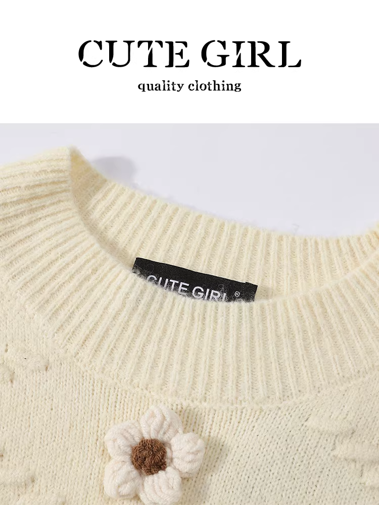 Áo len cổ tròn hoa ba chiều phong cách Pháp của CuteGirl dành cho nữ, thiết kế thu đông, giản dị và đa năng, áo dáng ôm