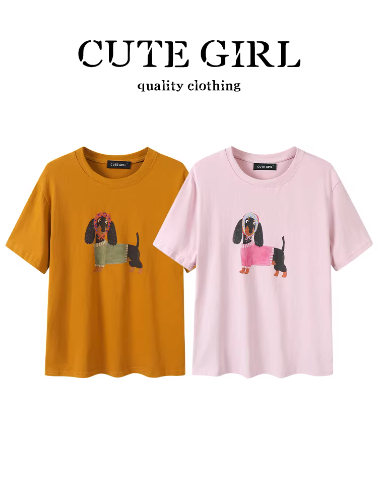 Áo thun ngắn tay cổ tròn thêu màu hồng phong cách dễ thương dành cho nữ, thiết kế mùa hè, dáng rộng và đa năng, áo giảm tuổi tác