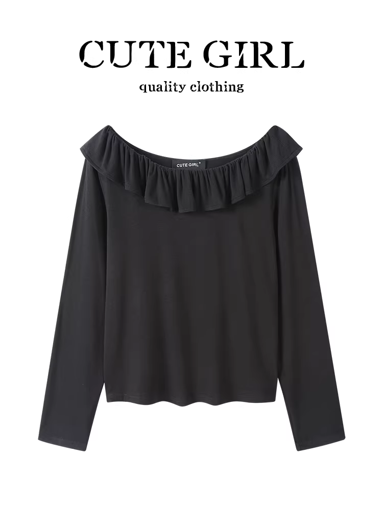 Áo thun dài tay trễ vai màu đen lấy cảm hứng từ thiết kế CuteGirl dành cho nữ, phong cách lười biếng đầu thu, áo dáng rộng và tôn dáng.