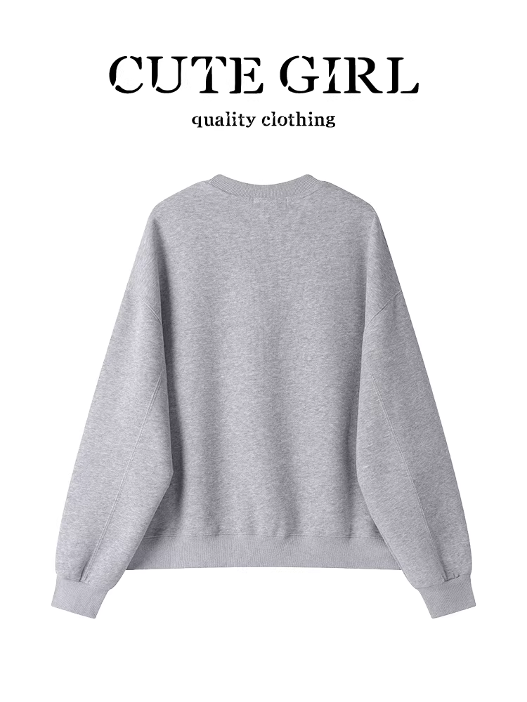 Áo len dài tay cổ tròn in họa tiết màu xám lấy cảm hứng từ thiết kế CuteGirl dành cho nữ, phong cách mùa thu, áo dáng rộng, giản dị và đa năng.