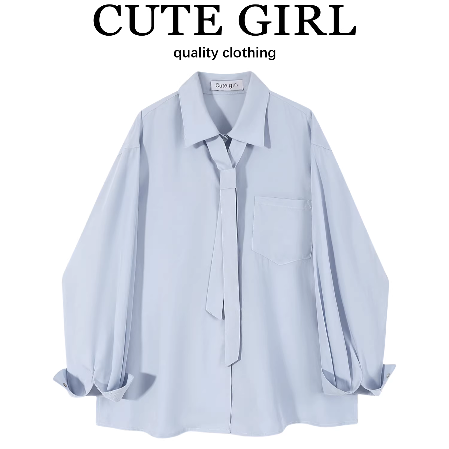 Áo sơ mi dài tay màu xanh dáng rộng độc đáo và sành điệu của CuteGirl dành cho nữ, áo sơ mi buộc dây thanh lịch mùa xuân