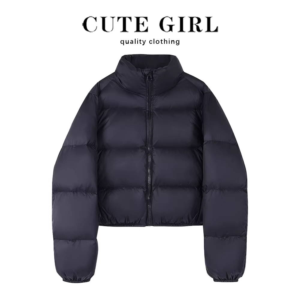 Áo khoác phao nhẹ màu đen cổ đứng CuteGirl, chất liệu lông vũ trắng, dành cho nữ, mùa đông 2025, kiểu dáng ngắn mới, dành cho người nhỏ nhắn