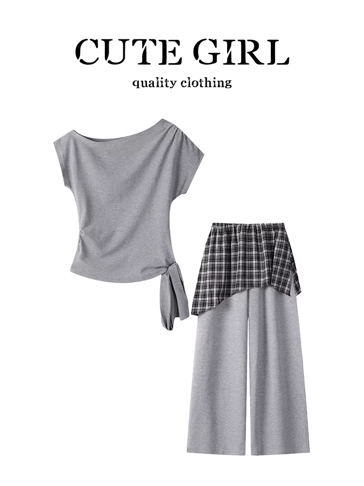 Bộ trang phục giảm tuổi tác CuteGirl dành cho nữ, áo thun trễ vai mùa hè với quần chắp vá lưng cao, bộ hai mảnh