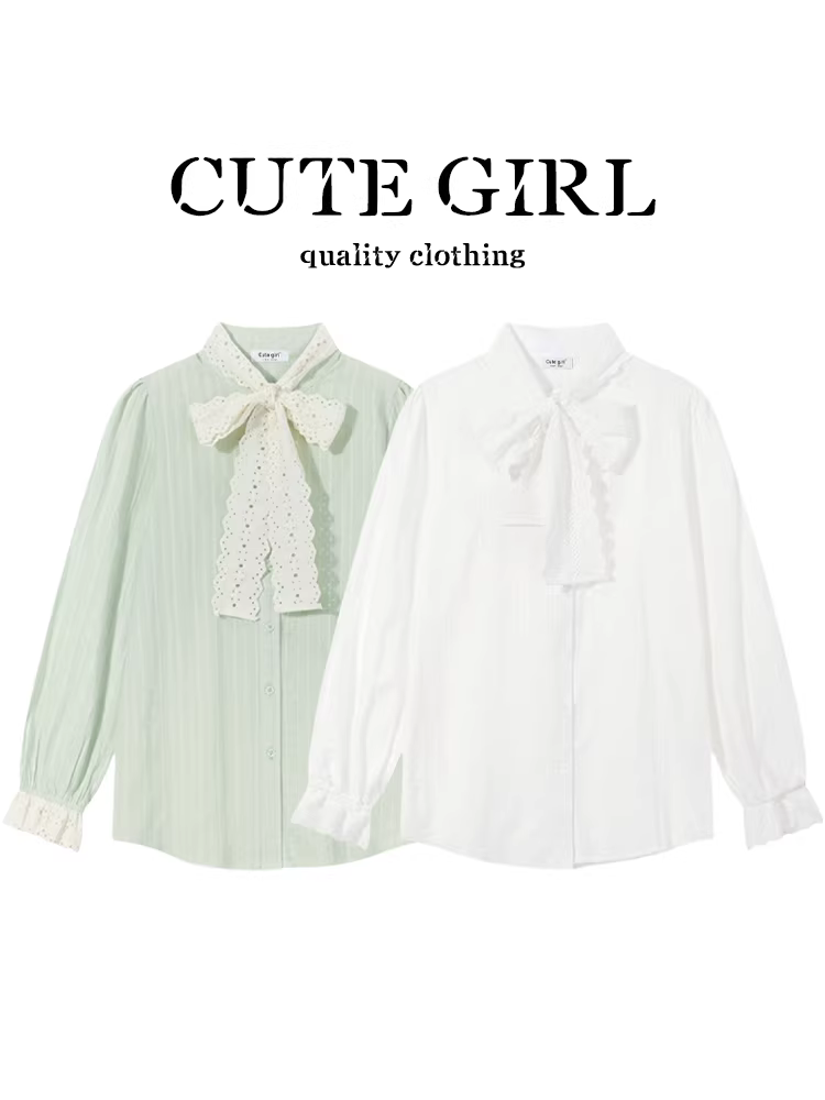 Áo sơ mi trắng phối ren kiểu Pháp có dây buộc nơ cho nữ mùa xuân, áo đẹp siêu đẹp và độc đáo