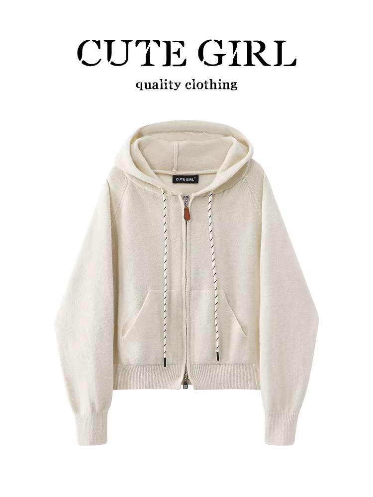 Áo len có mũ trùm đầu có dây kéo màu mơ phong cách Pháp của CuteGirl dành cho nữ trong mùa thu đông, áo dáng rộng đa năng dành cho người nhỏ nhắn