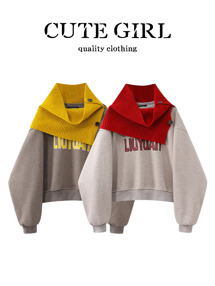 Áo len in chữ màu mơ kiểu lười biếng của CuteGirl có khăn choàng dành cho nữ, mùa thu đông, áo kiểu dáng thanh lịch, rộng rãi và đa năng