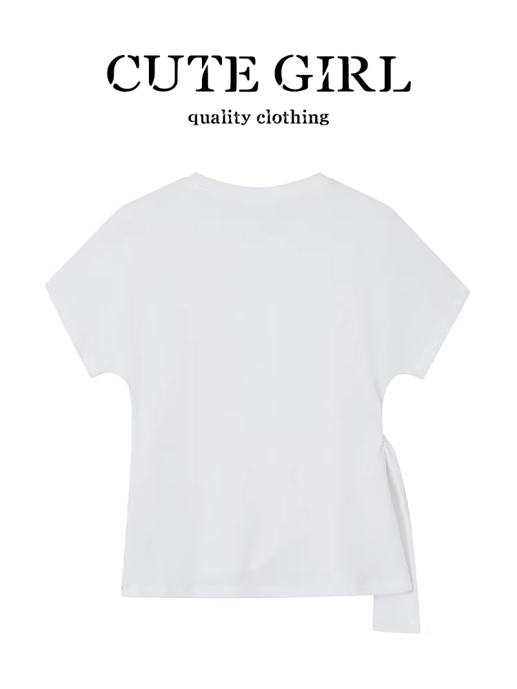 Thiết kế độc đáo của CuteGirl, áo thun trắng tay ngắn có dây buộc eo dành cho nữ, áo dáng rộng và tôn dáng bất đối xứng mùa hè