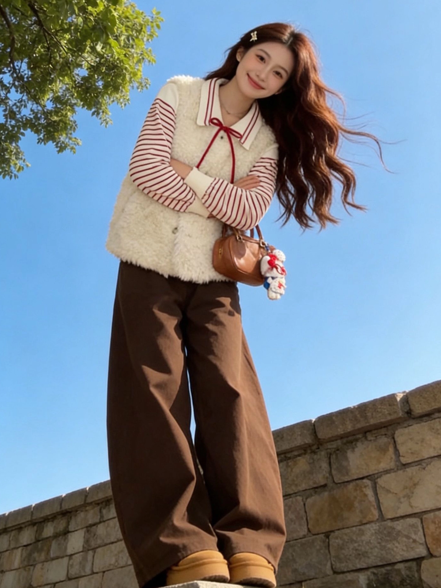 CuteGirl phong cách Hàn Quốc giảm tuổi tác phong cách đại học áo len cổ polo sọc đỏ dành cho nữ mùa đông áo len dệt kim thắt nơ