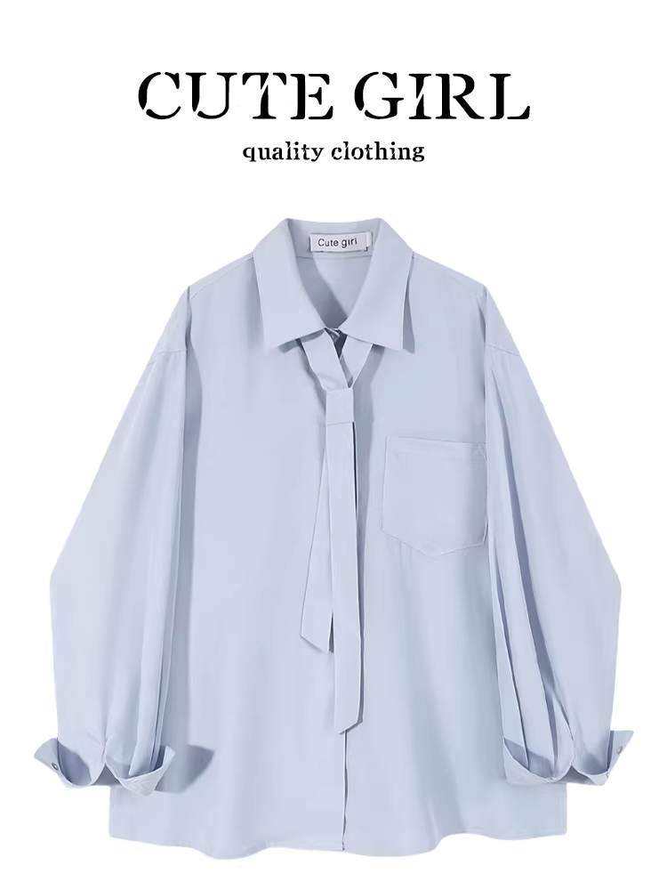 Áo sơ mi màu xanh preppy phong cách Hàn Quốc có cà vạt dành cho nữ, áo sơ mi dài tay dáng rộng mùa xuân hợp thời trang