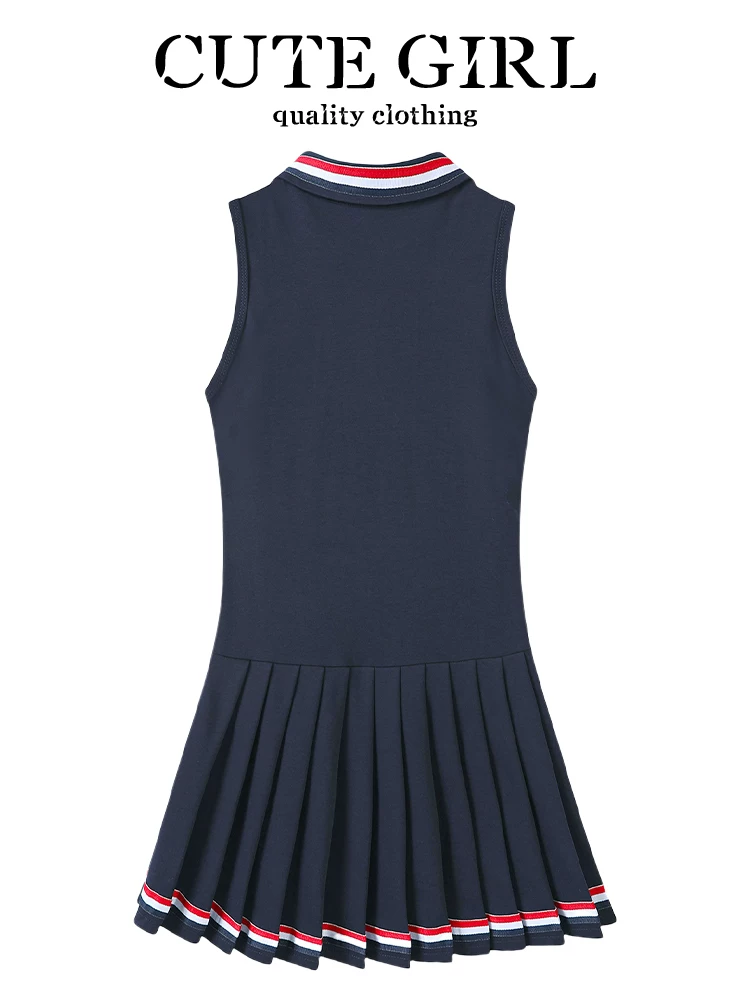 Váy không tay có cổ màu sắc phong cách preppy của CuteGirl dành cho nữ, thiết kế mùa hè, ôm eo, giảm béo, váy xếp ly giảm tuổi tác