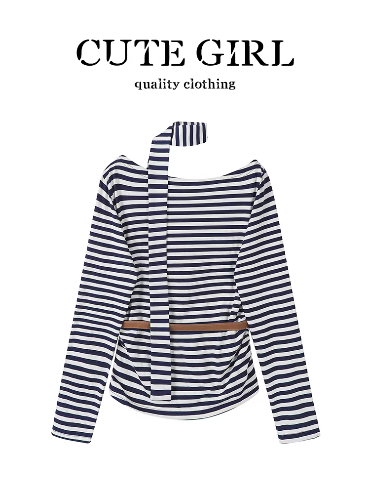 Áo thun dài tay sọc lệch vai phong cách Hàn Quốc dành cho nữ, thiết kế mùa thu, dáng ôm, áo thắt lưng đa năng