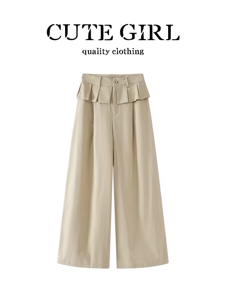 Quần âu dáng thẳng cổ điển kiểu Mỹ có ren dành cho nữ, phong cách mùa thu, cạp cao, tôn dáng, quần ống rộng mềm mại