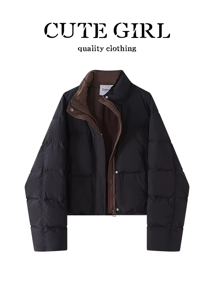 Áo khoác ngắn cổ đứng phối màu cao cấp CuteGirl dành cho nữ, thiết kế mùa thu, dáng rộng và đa năng, áo khoác cotton ấm áp