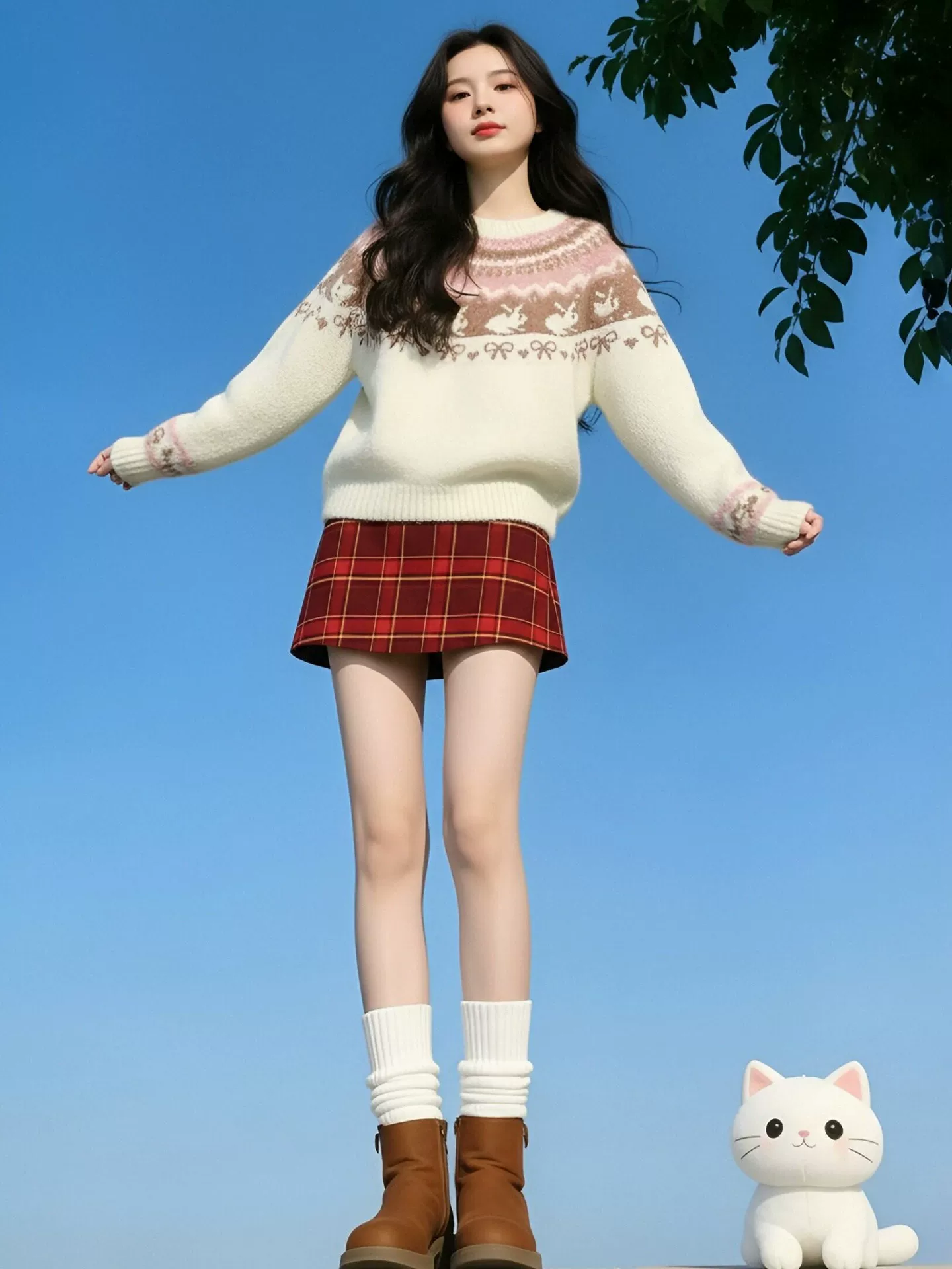 Áo len Fair Isle màu trắng lấy cảm hứng từ thiết kế CuteGirl với họa tiết thỏ jacquard dành cho nữ, áo dệt kim sành điệu và trẻ trung cho mùa đông.