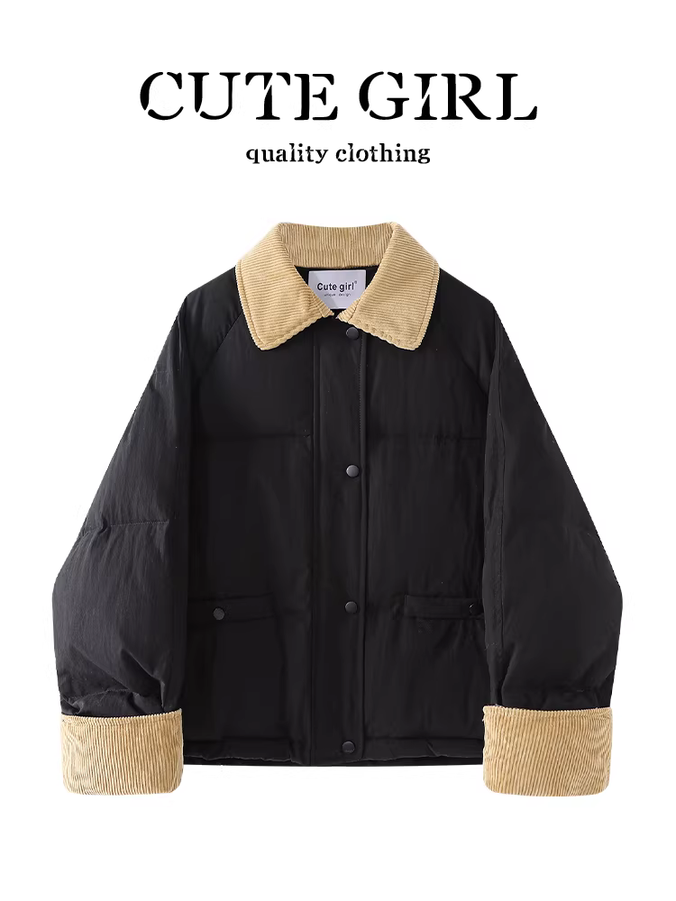 Áo khoác ngắn có cổ bằng vải nhung cao cấp của CuteGirl dành cho nữ, áo khoác phao giảm béo đa năng thông thường mùa thu đông