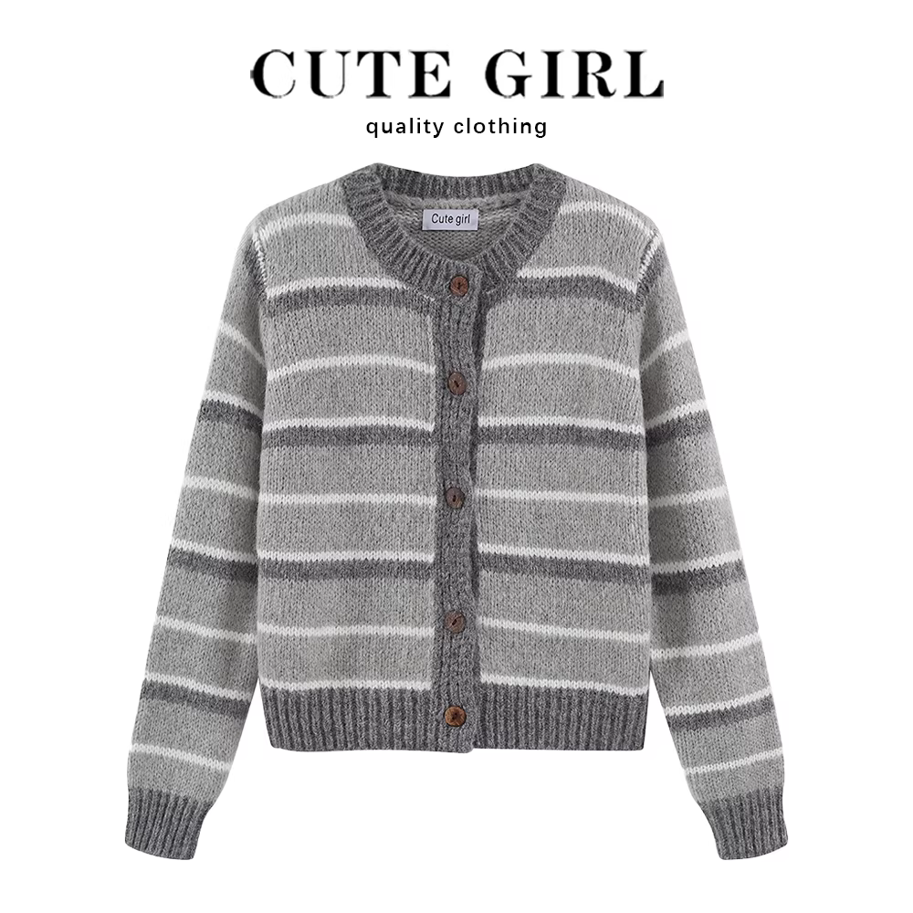Áo len sọc xám phong cách lười biếng CuteGirl dành cho nữ mùa xuân thu 2025, kiểu dáng rộng, áo khoác cardigan dệt kim mới