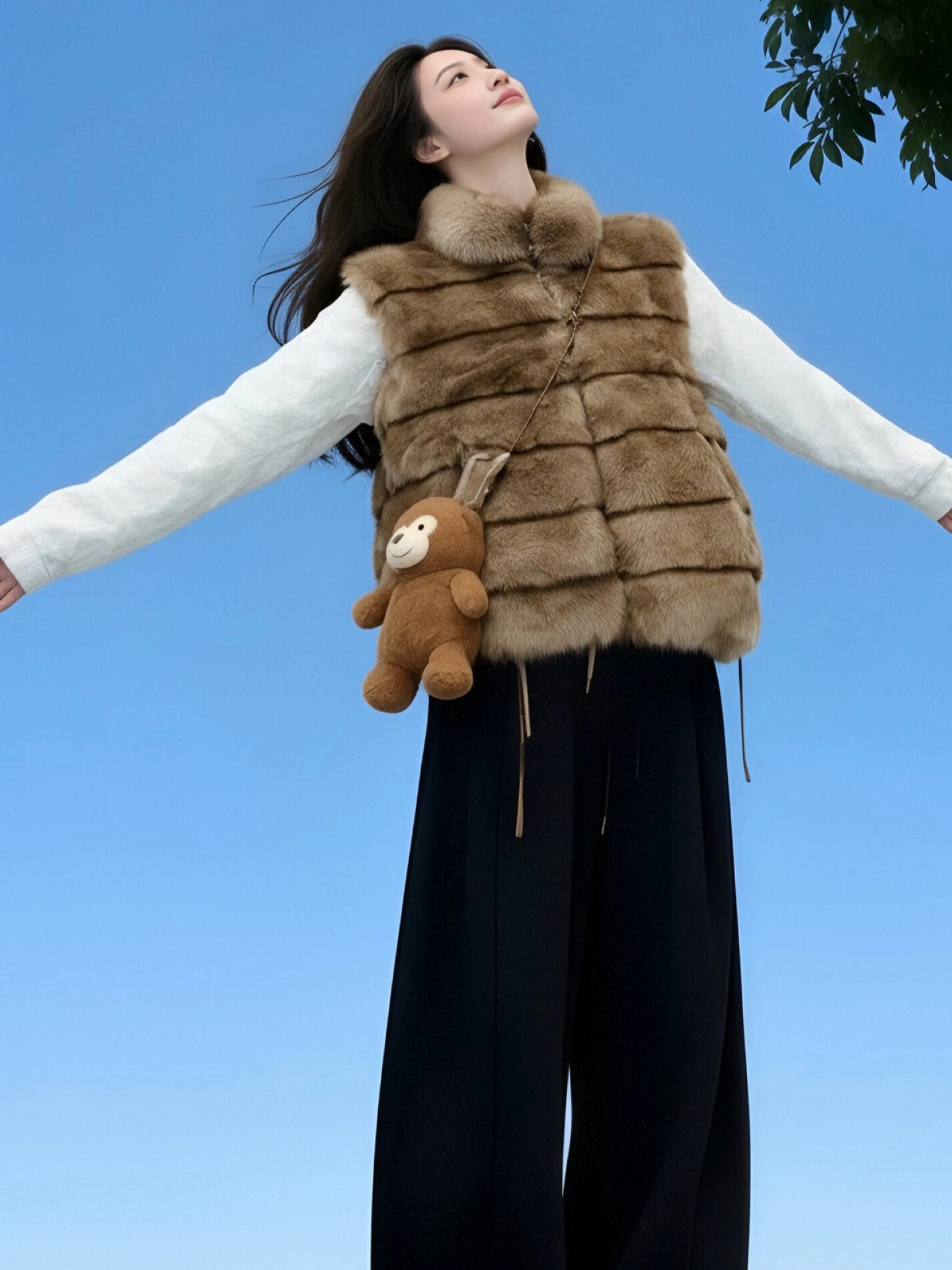 Áo vest giả lông chồn màu cà phê CuteGirl Melard dành cho nữ, áo khoác vest dáng rộng thanh lịch mùa đông đa năng