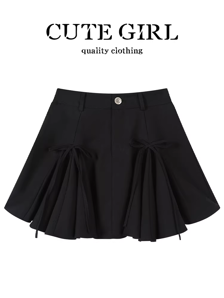 Váy đen thắt nơ cao cấp phong cách Hàn Quốc dành cho nữ, váy ngắn xếp ly đa năng thanh lịch mùa hè