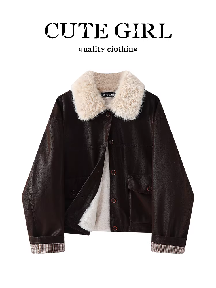 Áo khoác da màu nâu phong cách retro của CuteGirl với cổ lông sang trọng dành cho nữ, áo khoác đi xe máy màu tương phản kẻ sọc mùa thu đông
