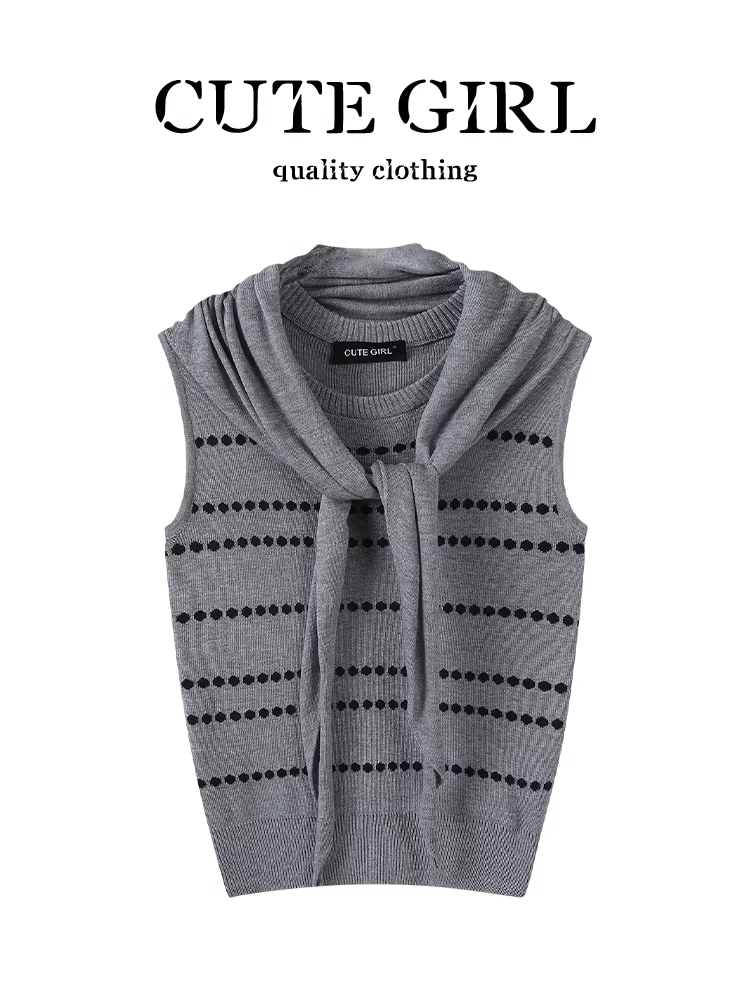 Áo vest dệt kim sọc chấm bi phong cách Hàn Quốc có khăn choàng dành cho nữ, đầu thu, thanh lịch, ôm dáng, áo không tay