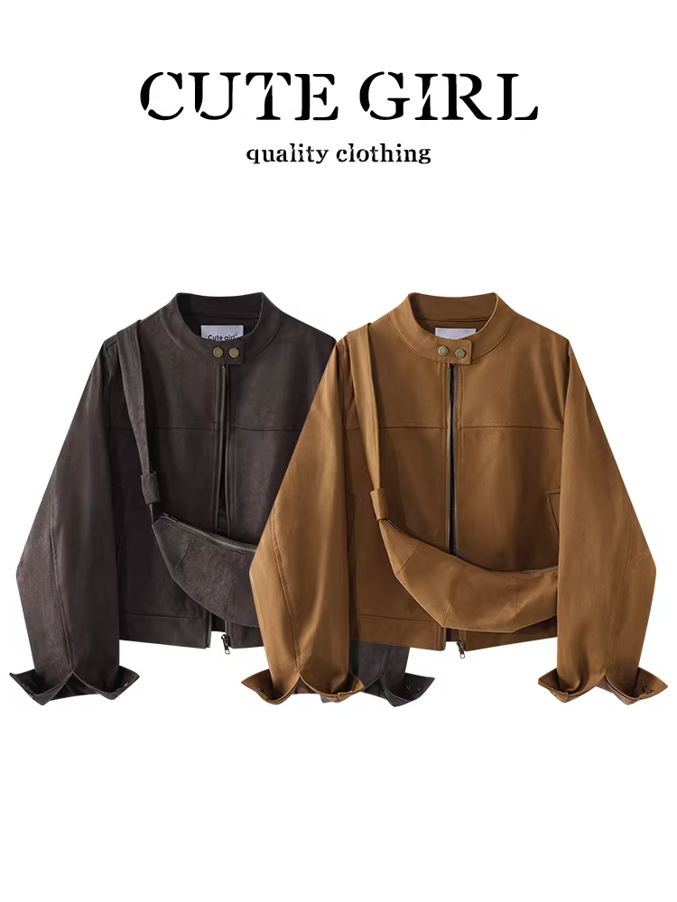 Áo khoác da lộn cổ tròn có khóa kéo phong cách CuteGirl Barn dành cho nữ, thiết kế mùa thu, áo khoác dáng rộng đa năng thông thường