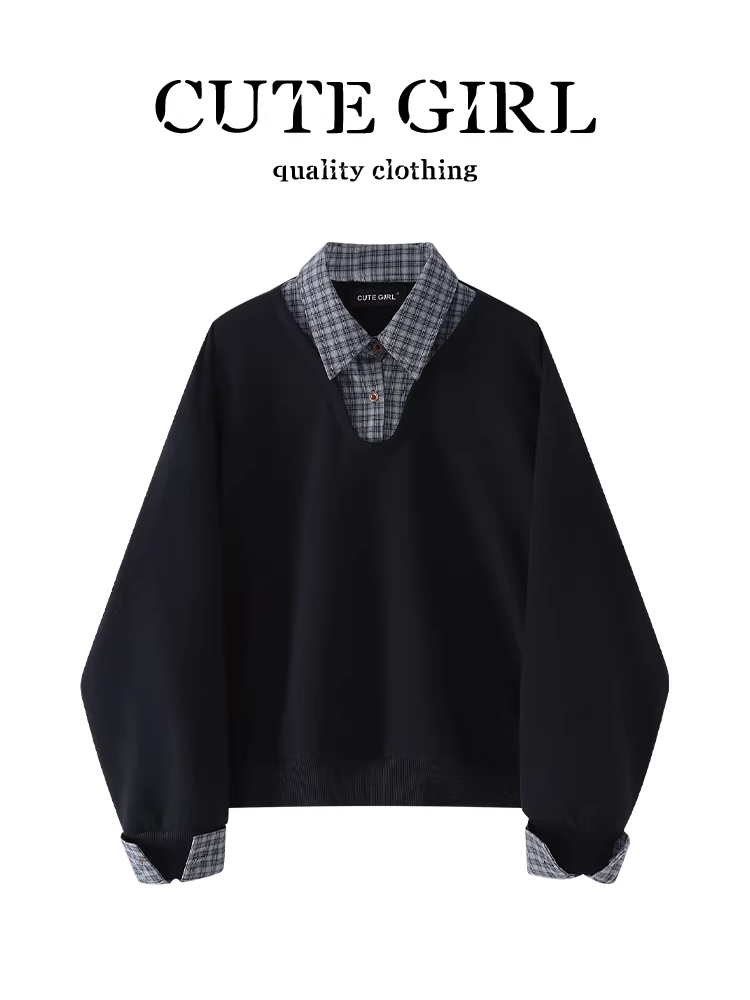 Áo len giả hai mảnh có cổ màu xanh hải quân phong cách preppy của CuteGirl dành cho nữ, mùa thu đông, thanh lịch, rộng rãi, giản dị, đa năng