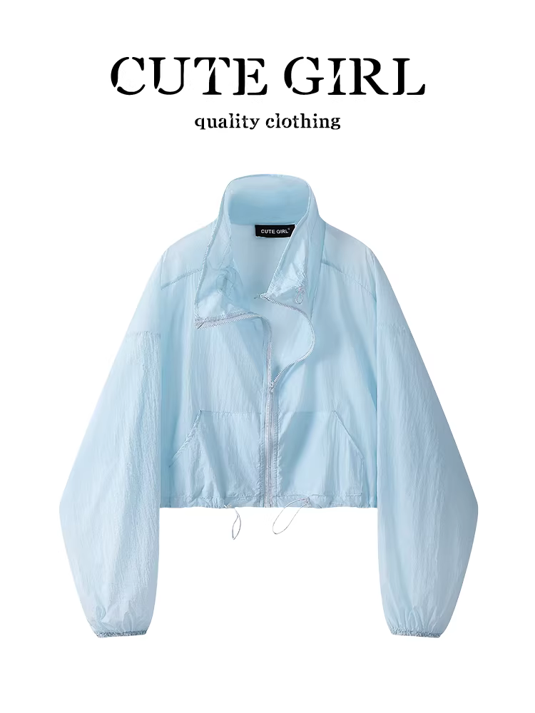 Áo khoác chống nắng màu xanh có dây rút cổ đứng phong cách Hàn Quốc dành cho nữ, áo gió ngắn dáng rộng đa năng mùa hè dành cho người nhỏ nhắn.