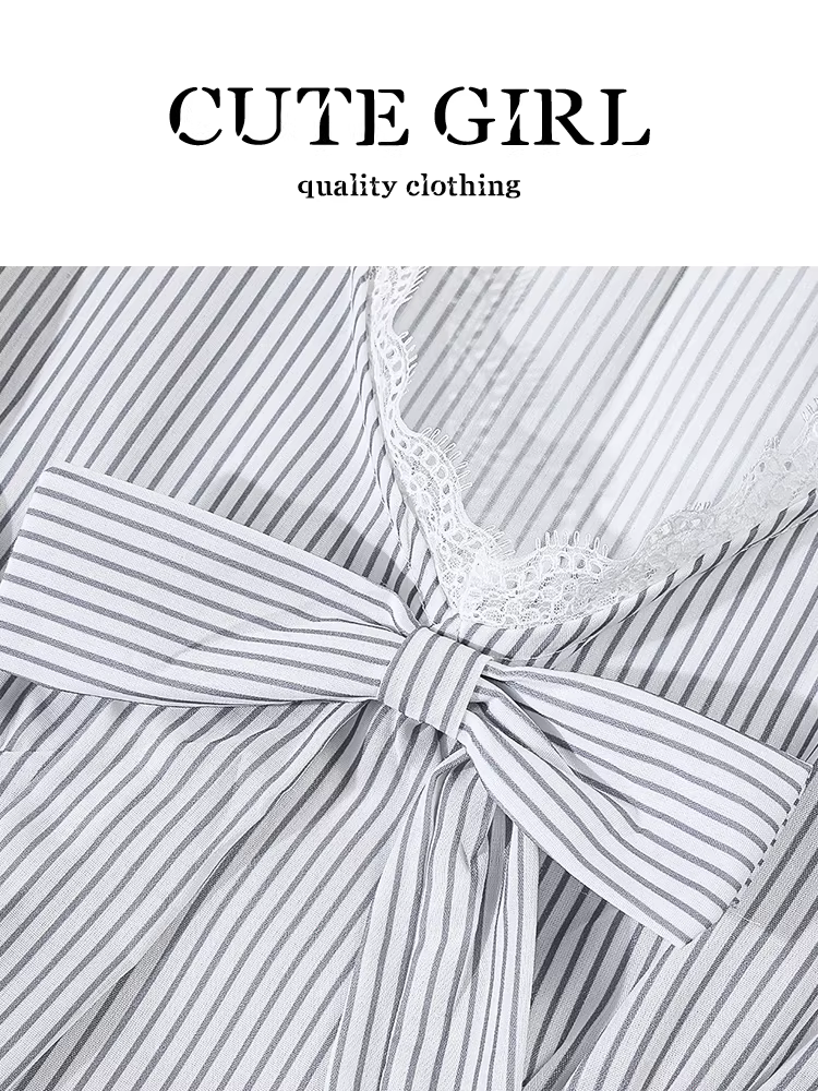 Áo sơ mi sọc ngắn tay viền ren phong cách Pháp dễ thương dành cho nữ, áo thun dáng ôm mùa hè có nơ
