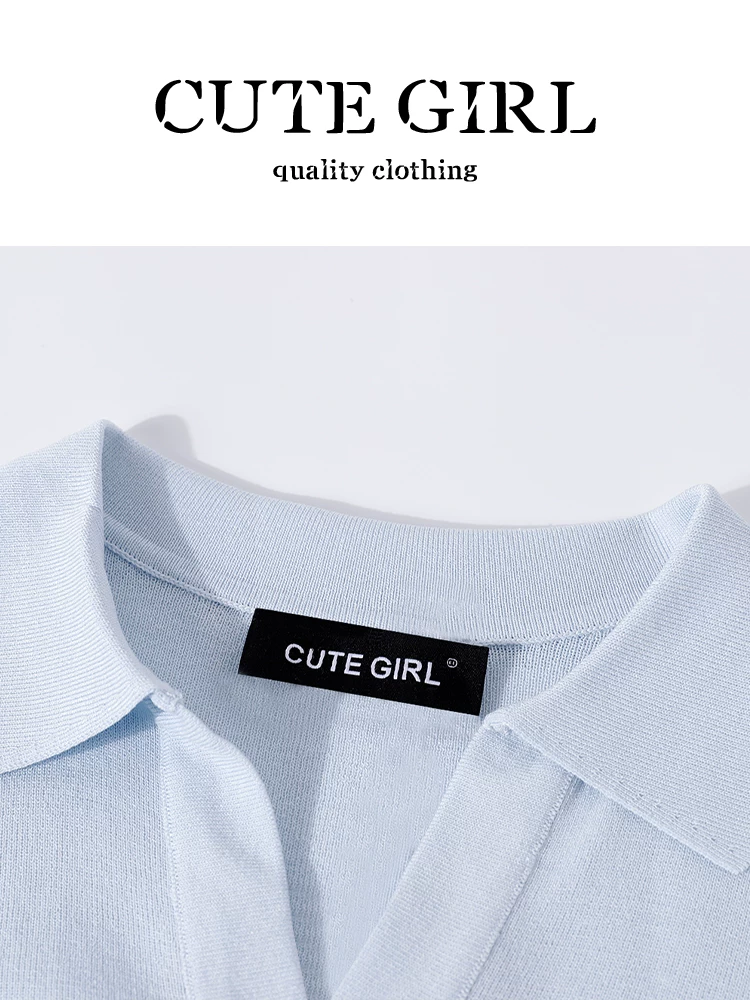 Áo cổ chữ V màu xanh cao cấp của CuteGirl dệt kim ngắn tay dành cho nữ đầu thu dáng rộng giản dị đa năng cổ áo POLO