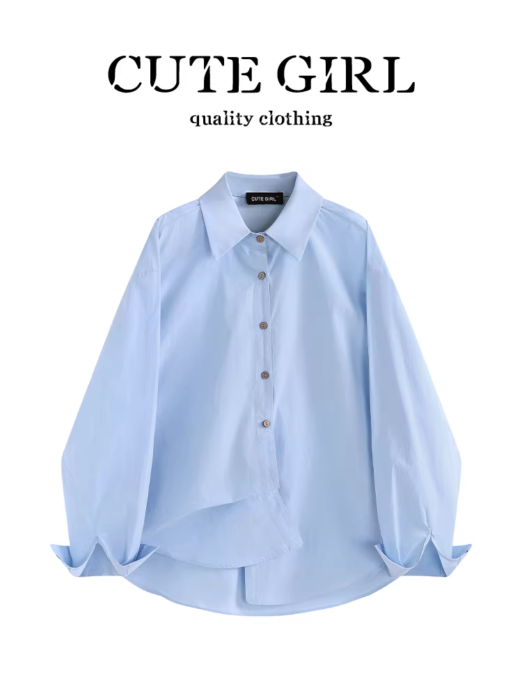 Áo sơ mi dài tay cổ polo màu xanh phong cách Hàn Quốc dành cho nữ, thiết kế mùa thu, thích hợp, dáng rộng, đa năng, áo đi làm