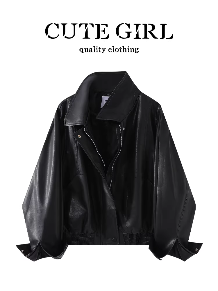 Áo khoác da pu màu đen cổ điển của CuteGirl dành cho nữ vào mùa thu đông, áo khoác đi xe máy cao cấp, rộng rãi, giản dị và đa năng