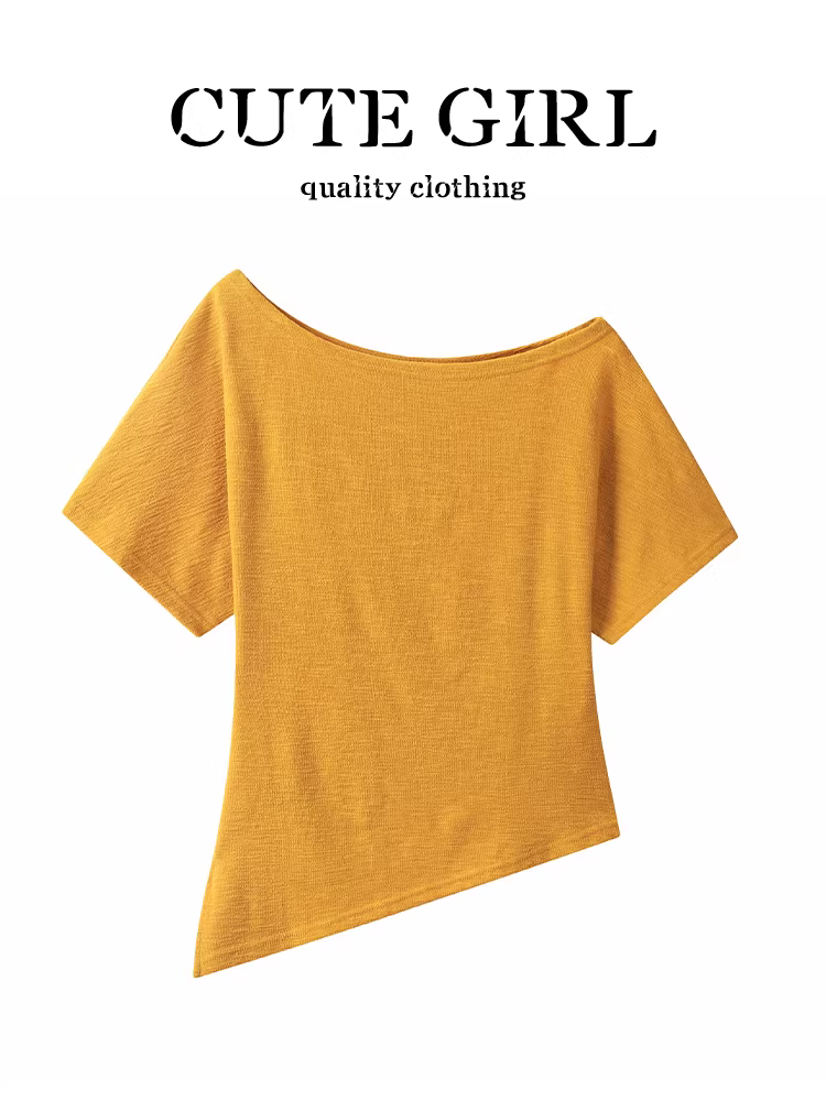 Áo thun ngắn tay lệch vai màu vàng cao cấp phong cách Hàn Quốc dành cho nữ, áo hở vai không đều mùa hè