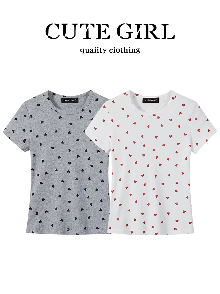 Áo thun ngắn tay chấm bi hình trái tim phong cách Hàn Quốc dành cho nữ, thiết kế mùa hè, dáng ôm, đa năng, áo giảm tuổi tác