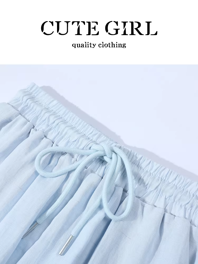 Bộ trang phục phong cách Hàn Quốc dành cho nữ, áo chống nắng màu xanh mùa hè có dây đeo và quần short cạp cao, bộ ba món