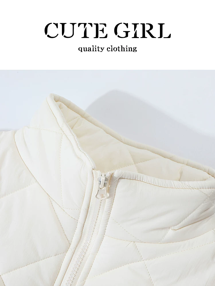 Áo khoác ngắn có cổ đứng chần bông nhỏ nhắn dễ thương dành cho nữ, áo khoác cotton ấm áp đa năng dáng rộng giản dị mùa thu đông