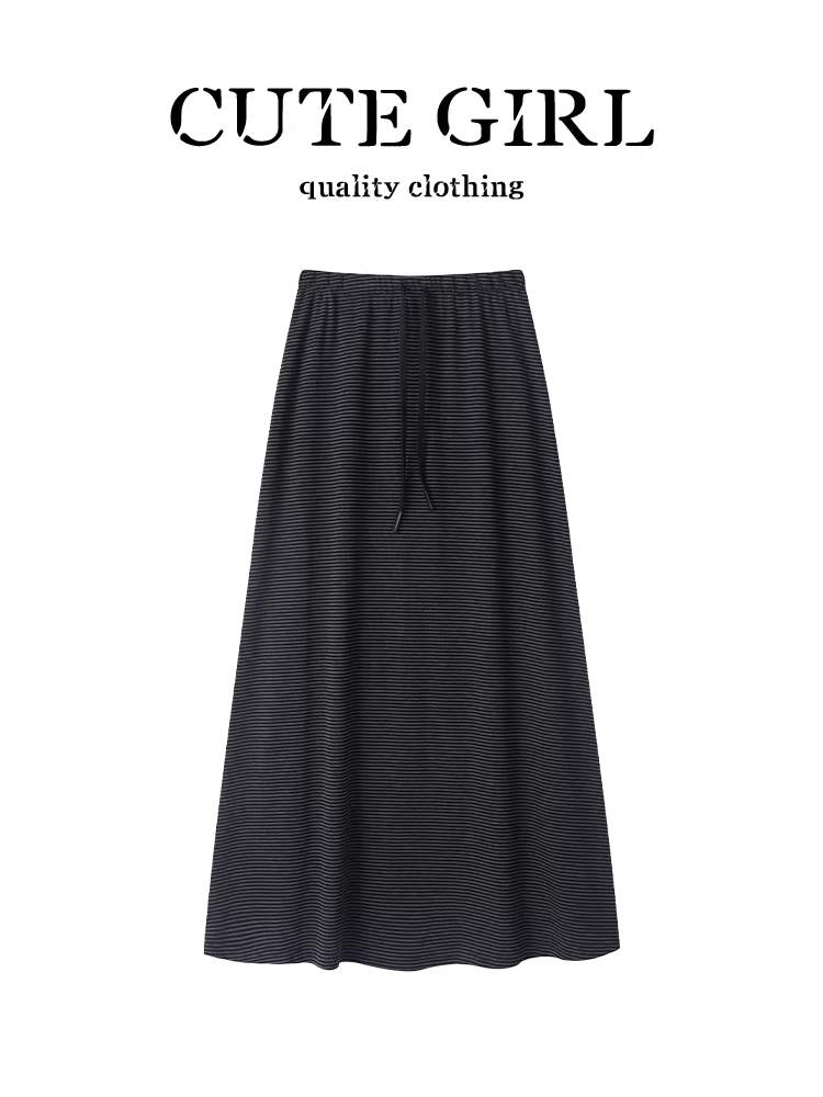 Váy chữ A sọc đen trắng cao cấp của CuteGirl dành cho nữ, phong cách mùa thu, thanh lịch, lưng cao, thon gọn, váy dài vừa đa năng