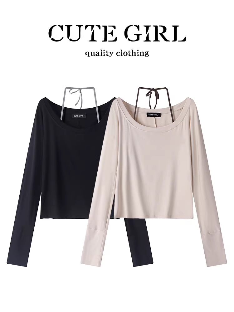 CuteGirl phong cách Hàn Quốc phong cách thuần khiết khao khát áo thun dài tay cổ tròn dây buộc áo nữ mùa thu dáng ôm đa năng bộ hai món