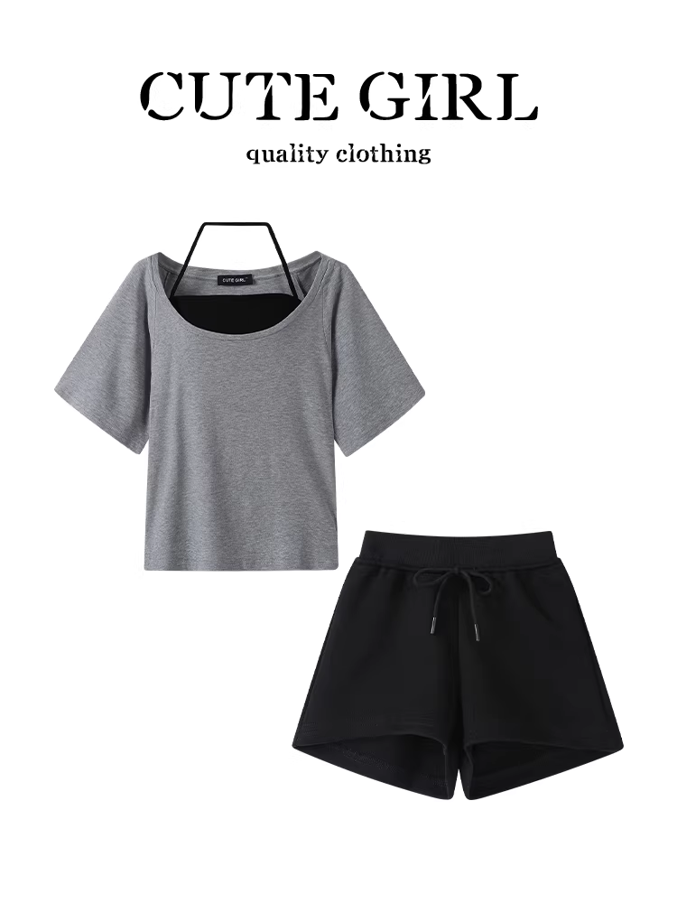 Bộ trang phục mùa hè nhỏ nhắn và xinh đẹp của CuteGirl dành cho nữ, áo thun ngắn tay màu xám thanh lịch, áo ba lỗ, quần ống rộng, bộ ba món